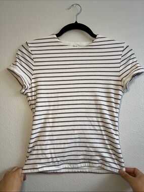 Abercrombie & Fitch White Tee with Burgundy And Baby Blue Stripes